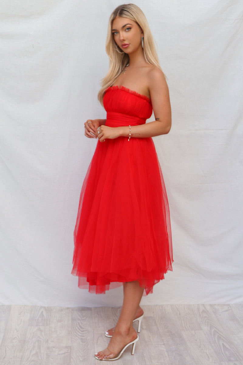 Maria Tulle Midi Dress - Red