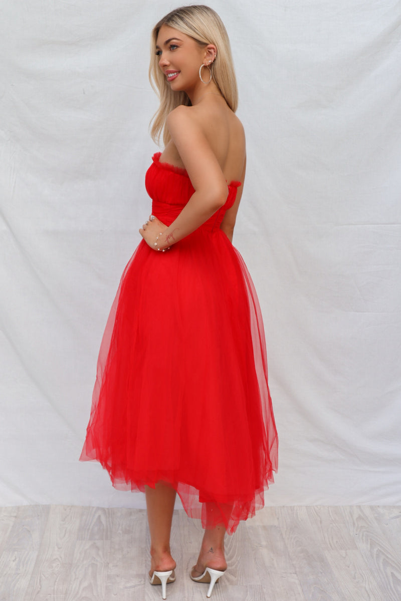 Maria Tulle Midi Dress - Red