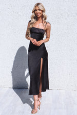 Marlee Satin Black Midi Dress