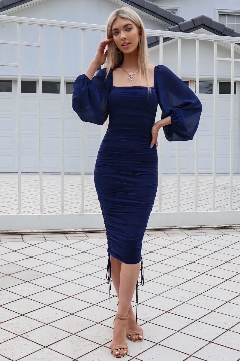 Jupiter Mesh Midi - Navy Blue Long Sleeve Cocktail Bodycon Dress Runway Goddess Jupiter Mesh Midi - Navy Blue Long Sleeve Cocktail Bodycon Dress Runway Goddess