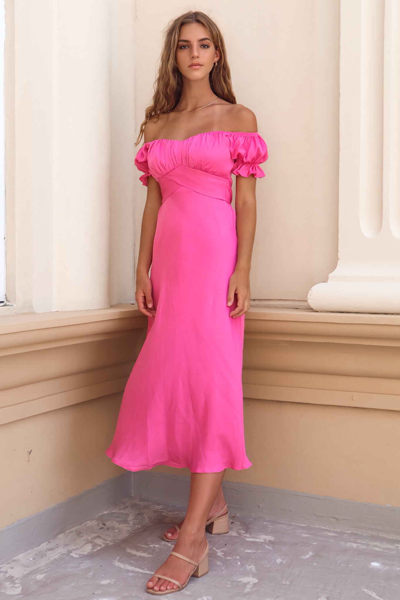 Claudia Midi Dress - Hot Pink Puff Sleeve Cute Cocktail Semi Formal ...