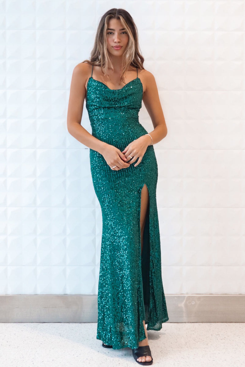 Whitney Sequin Gown - Emerald Green Sparkly Cowl Neck Formal Runway Goddess Whitney Sequin Gown - Emerald Green Sparkly Cowl Neck Formal Runway Goddess