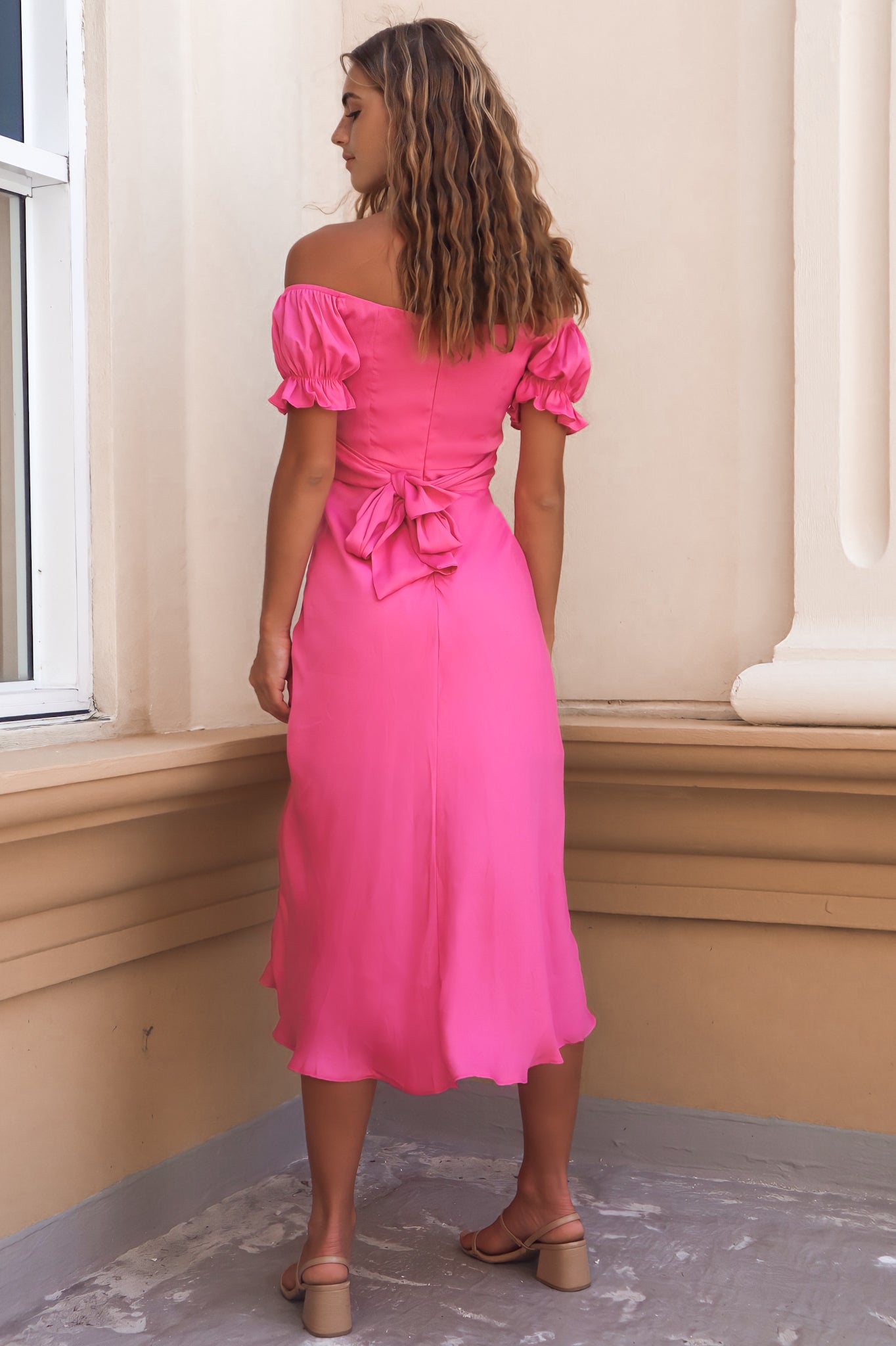 Claudia Midi Dress - Hot Pink Puff Sleeve Cute Cocktail Semi Formal ...