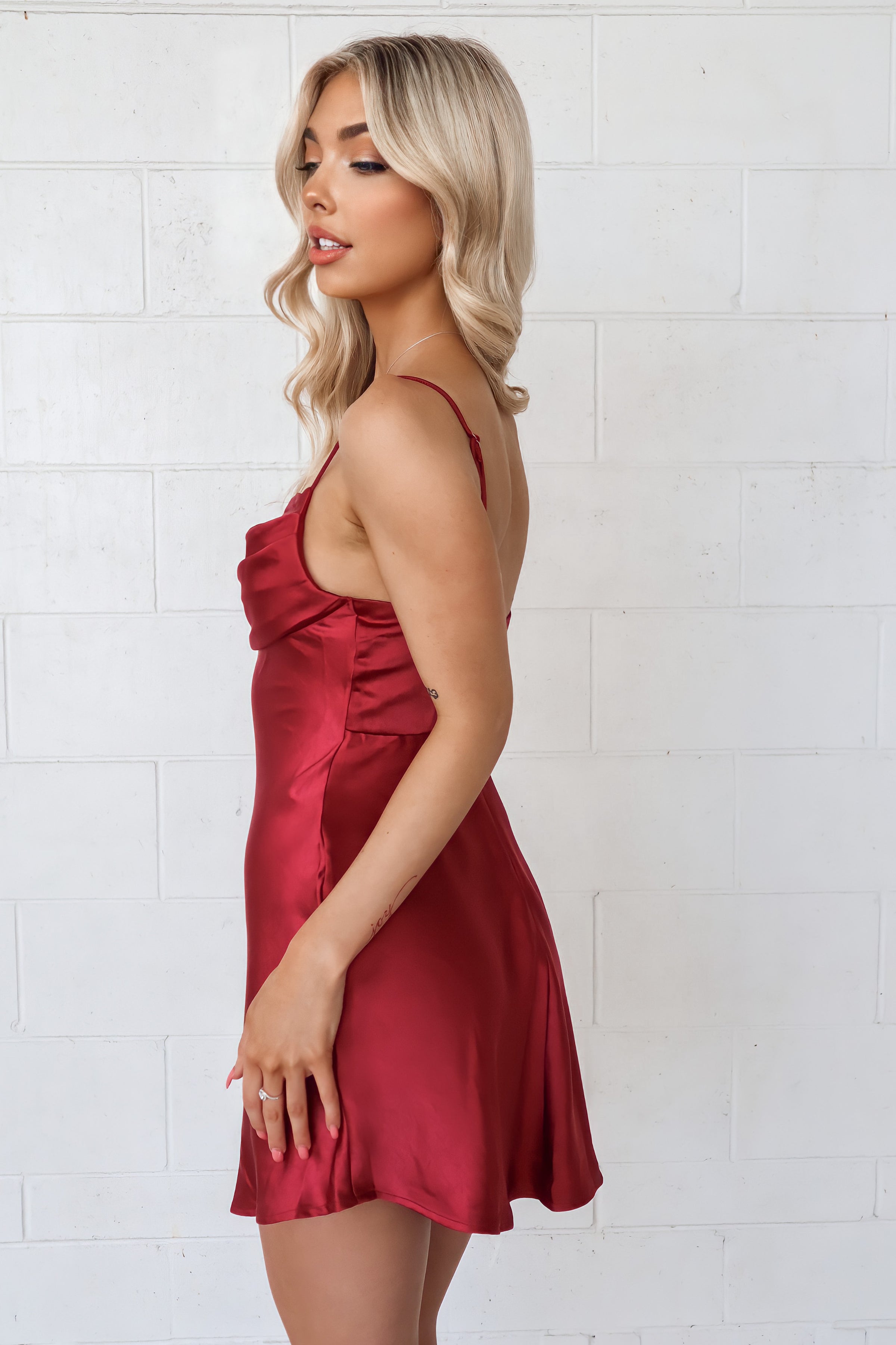 Sammy Satin Mini - Wine Red Shimmering Cute Silk Slip Cocktail Dress –  Runway Goddess