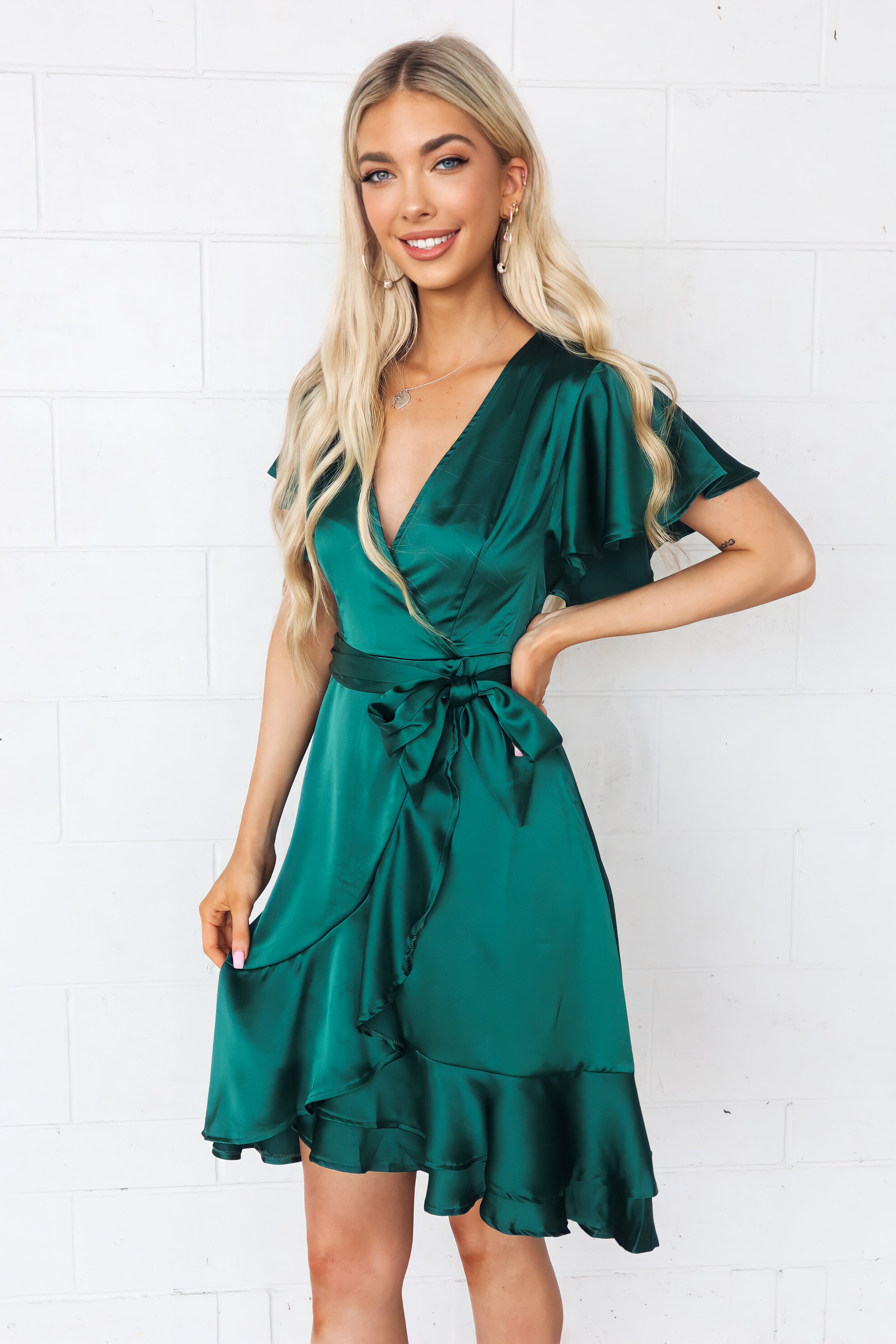 Satin Butterfly Midi Dress - Green Semi Formal Cocktail Sleeved Midi Runway Goddess Satin Butterfly Midi Dress - Green Semi Formal Cocktail Sleeved Midi Runway Goddess