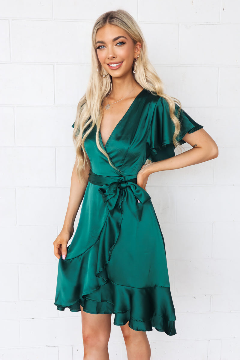 Satin Butterfly Midi Dress - Emerald Green