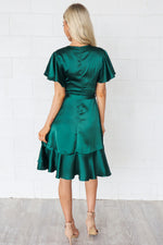 Satin Butterfly Midi Dress - Emerald Green