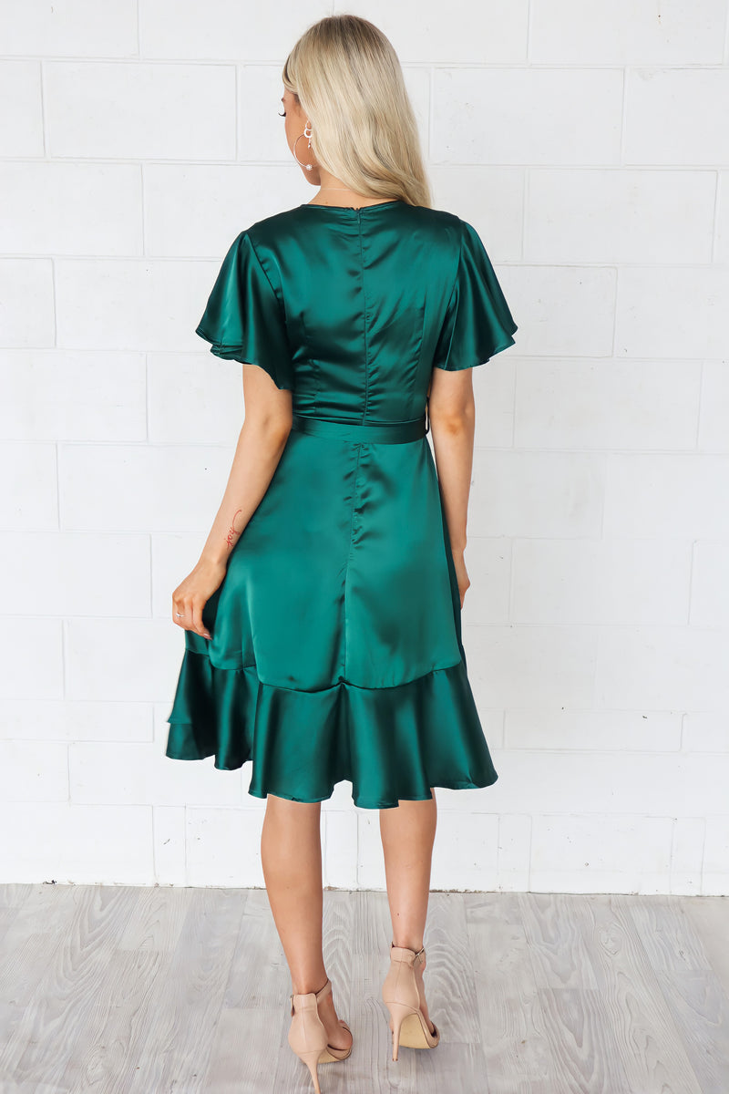 Satin Butterfly Midi Dress - Green Semi Formal Cocktail Sleeved Midi Runway Goddess Satin Butterfly Midi Dress - Green Semi Formal Cocktail Sleeved Midi Runway Goddess