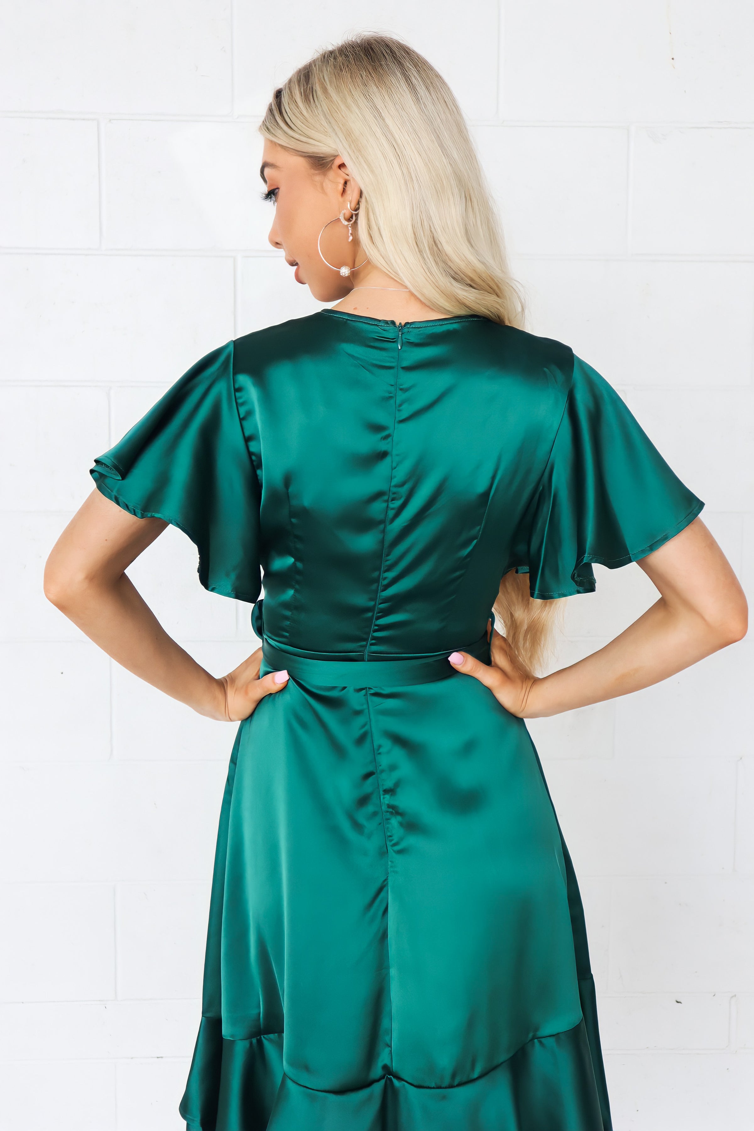 Satin Butterfly Midi Dress - Green Semi Formal Cocktail Sleeved Midi Runway Goddess Satin Butterfly Midi Dress - Green Semi Formal Cocktail Sleeved Midi Runway Goddess