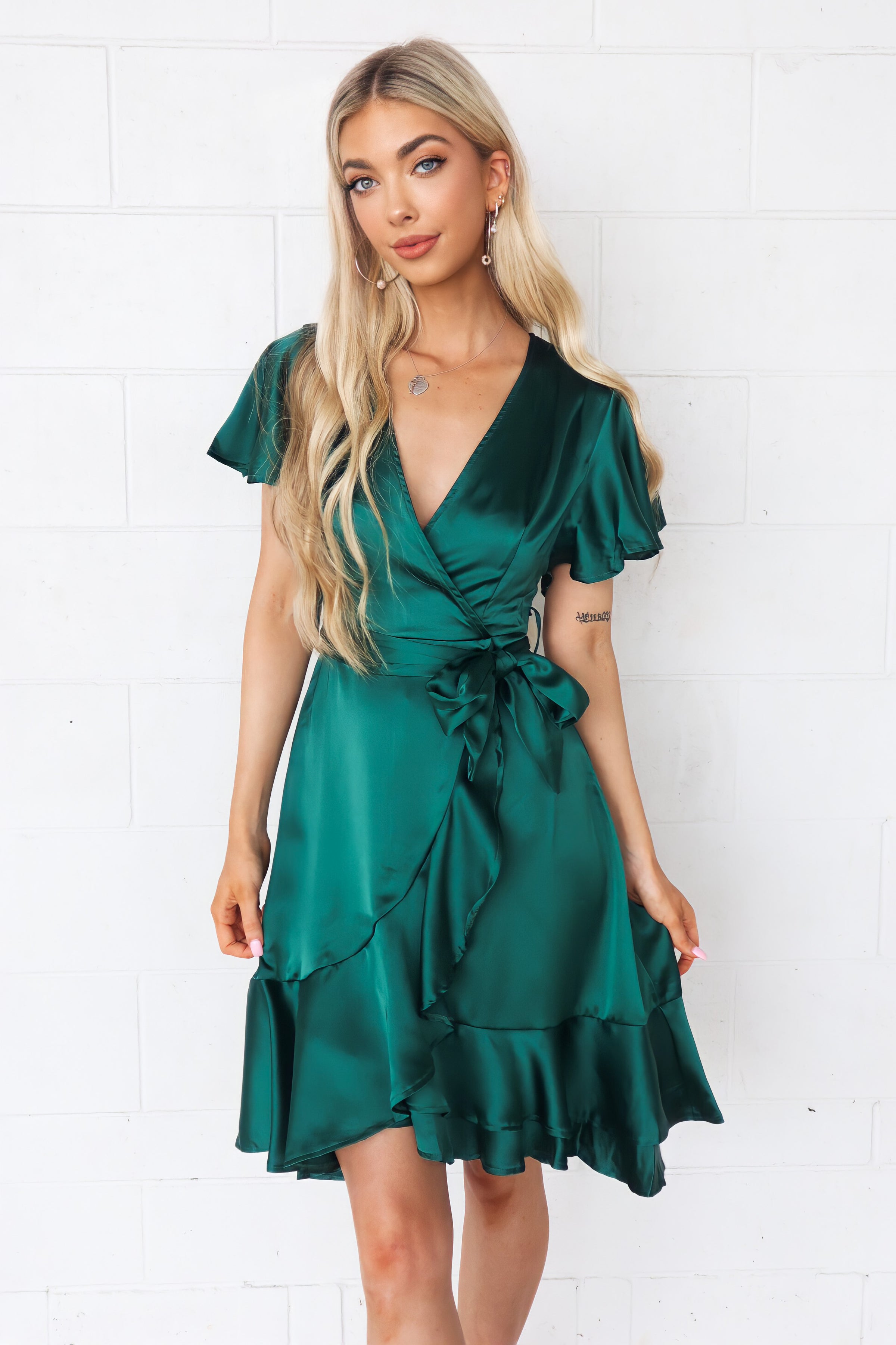 Satin Butterfly Midi Dress - Green Semi Formal Cocktail Sleeved Midi Runway Goddess Satin Butterfly Midi Dress - Green Semi Formal Cocktail Sleeved Midi Runway Goddess