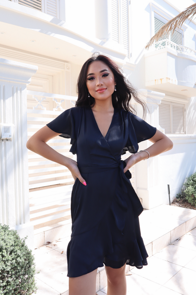 Satin Butterfly Midi Flowy Dress Navy Runway Goddess