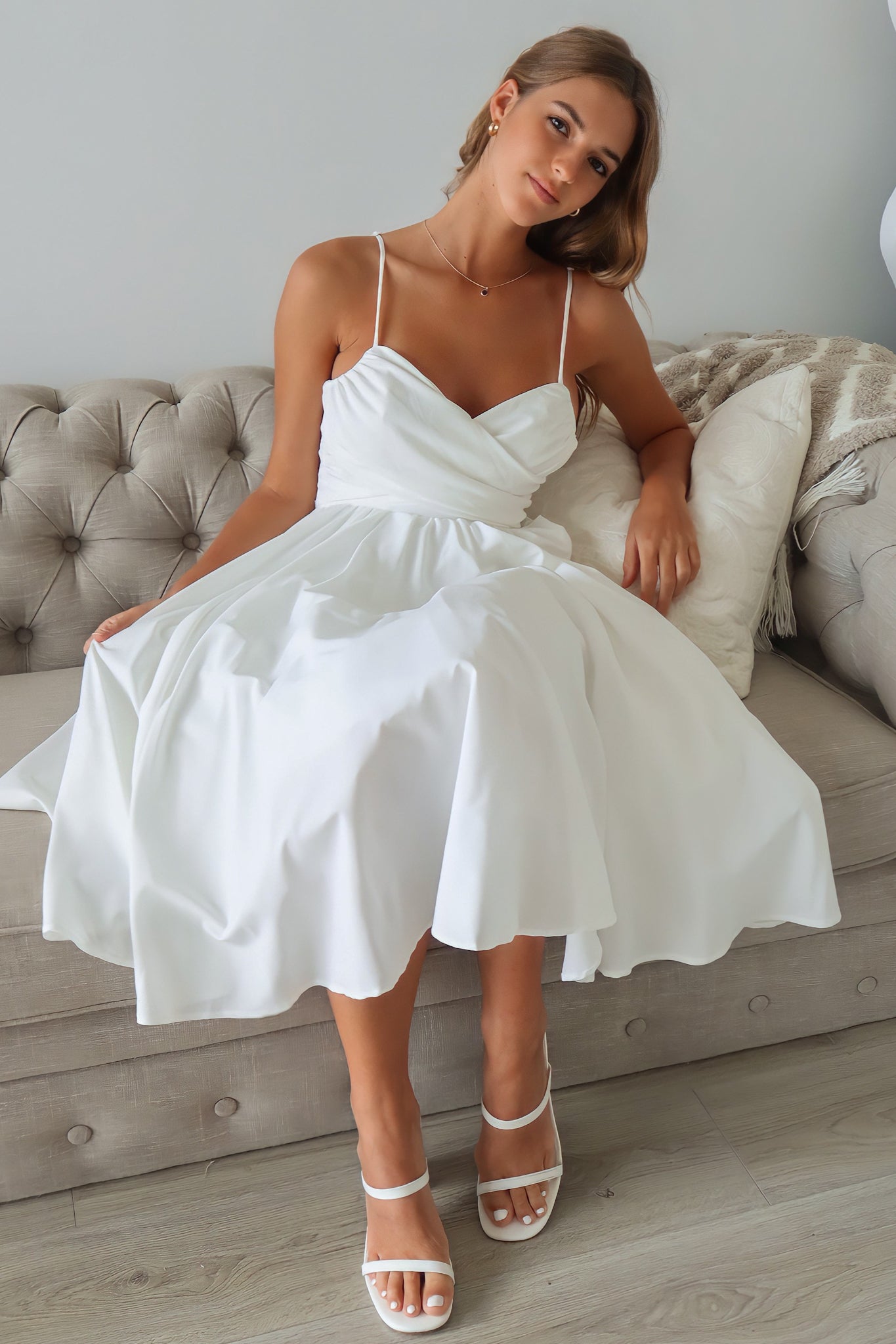 Schyler Midi Dress - Bodice Sash Tulle A-line White Formal Flowy Skirt Runway Goddess Schyler Midi Dress - Bodice Sash Tulle A-line White Formal Flowy Skirt Runway Goddess