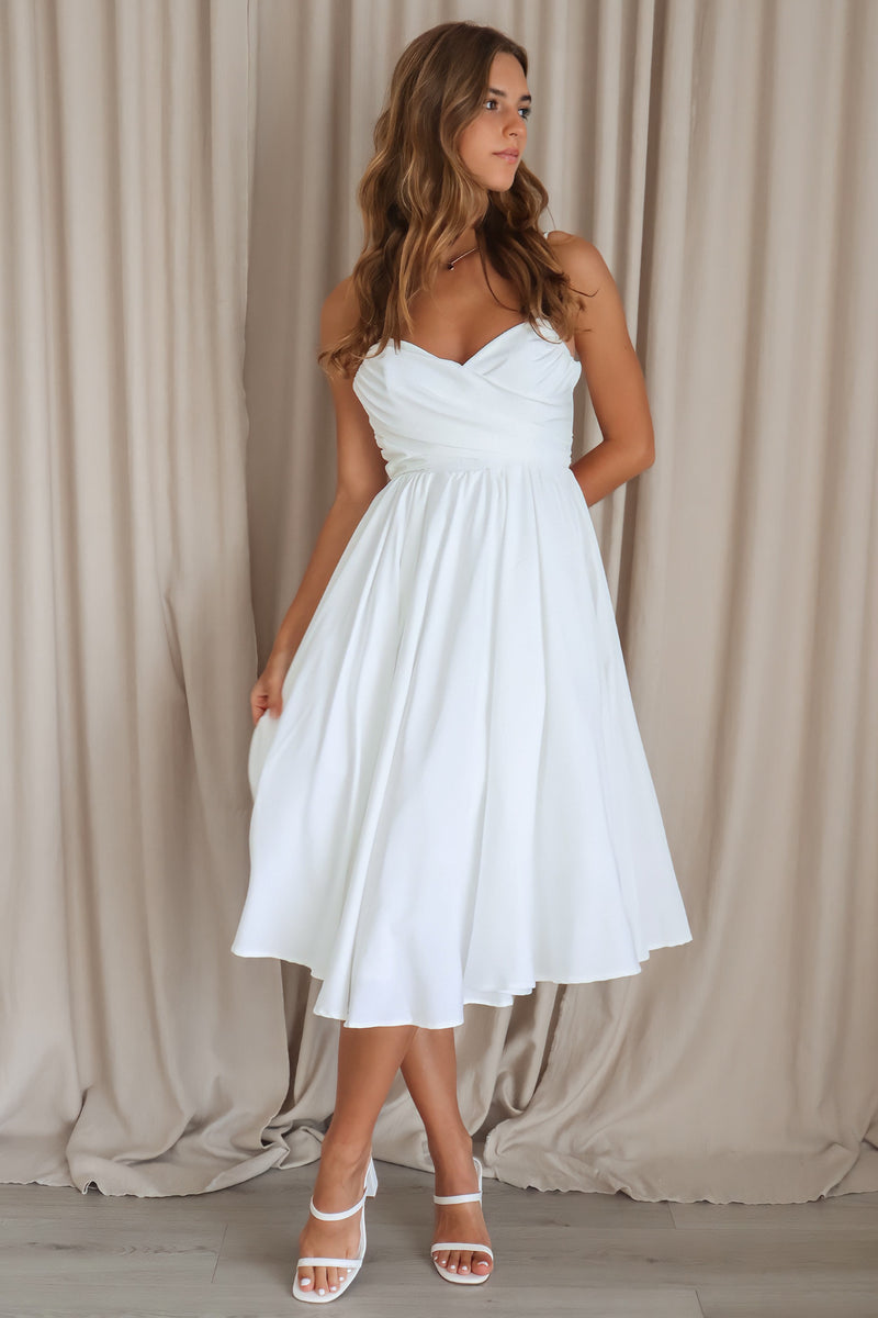 Schyler Midi Dress - Bodice Sash Tulle A-line White Formal Flowy Skirt Runway Goddess Schyler Midi Dress - Bodice Sash Tulle A-line White Formal Flowy Skirt Runway Goddess