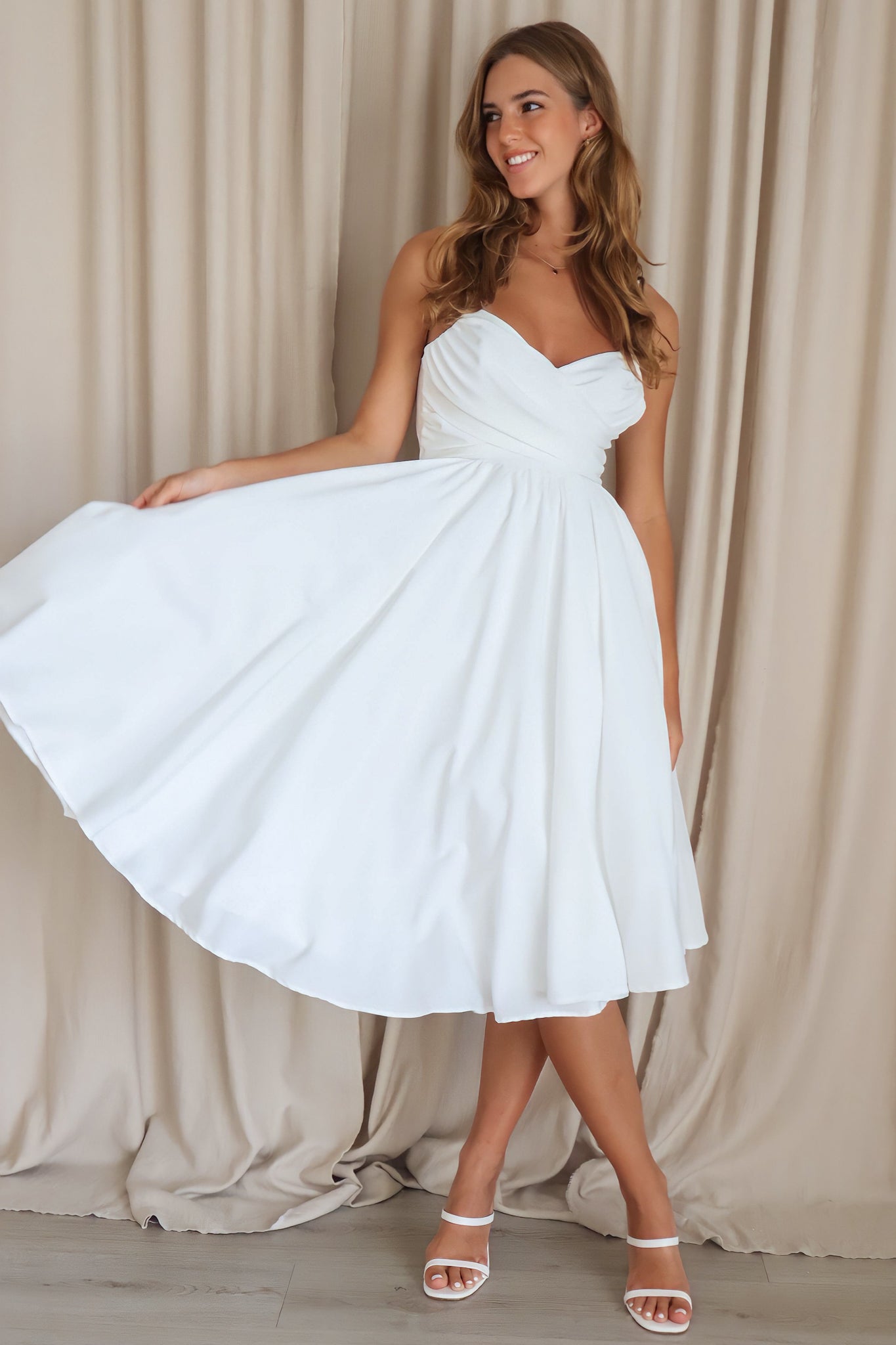 Schyler Midi Dress - Bodice Sash Tulle A-line White Formal Flowy Skirt Runway Goddess Schyler Midi Dress - Bodice Sash Tulle A-line White Formal Flowy Skirt Runway Goddess