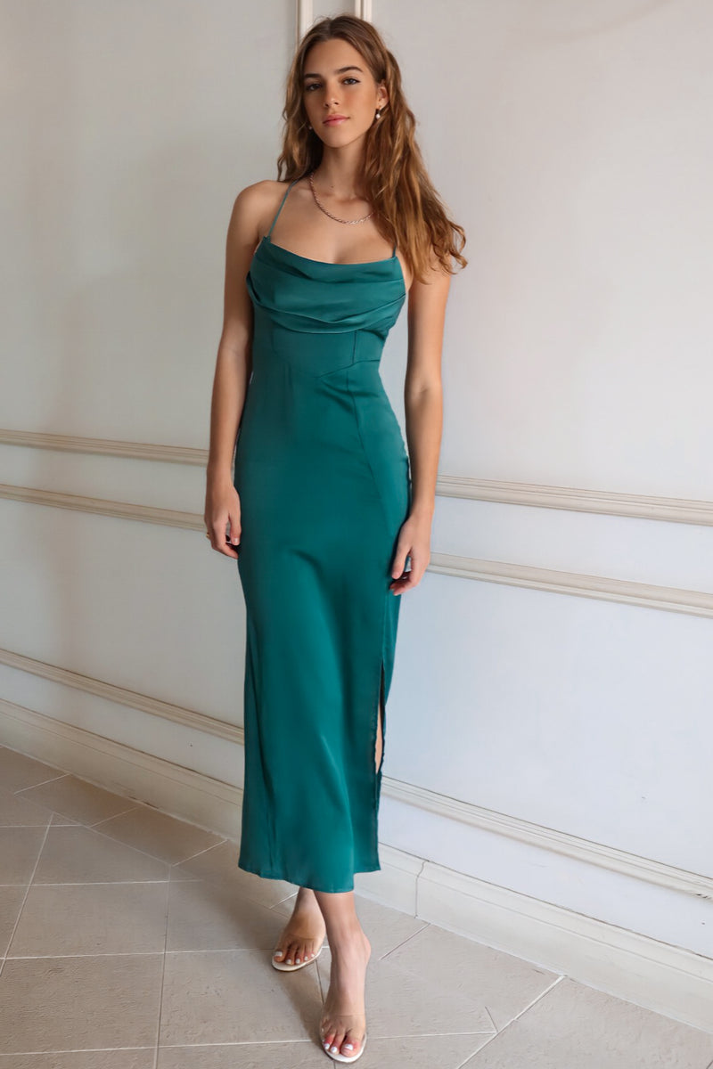Taleah Formal Dress Forest Green Satin Gown Corset Style Maxi Split Runway Goddess Taleah Formal Dress Forest Green Satin Gown Corset Style Maxi Split Runway Goddess