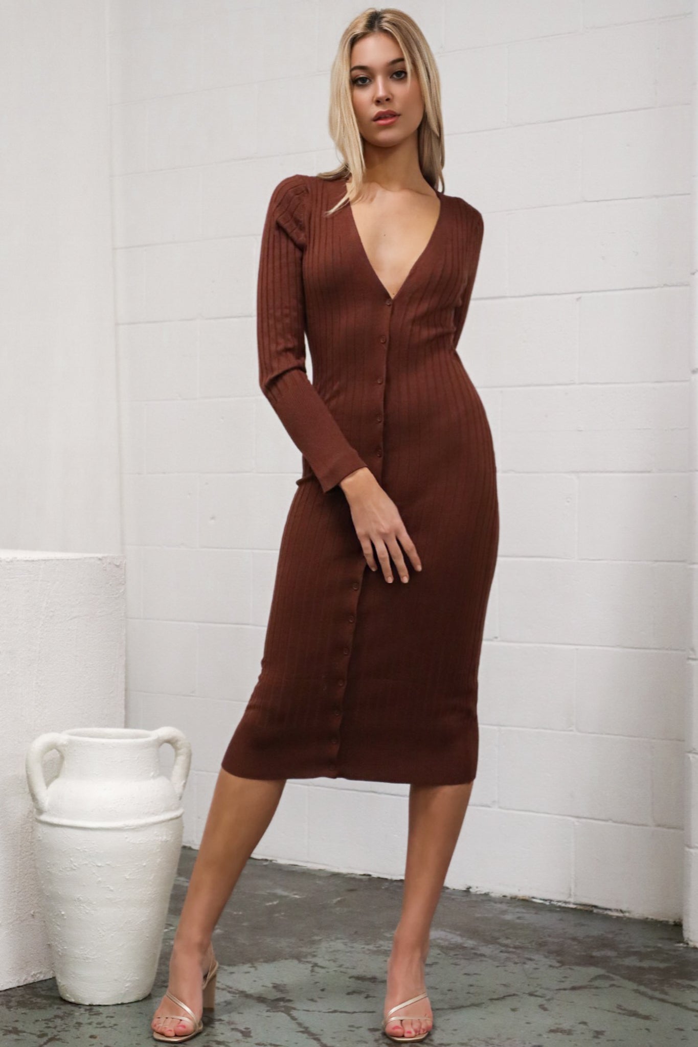 Tatiana Ribbed Dress - Chocolate Brown Long Sleeve Buttons Midi Bodycon Runway Goddess Tatiana Ribbed Dress - Chocolate Brown Long Sleeve Buttons Midi Bodycon Runway Goddess