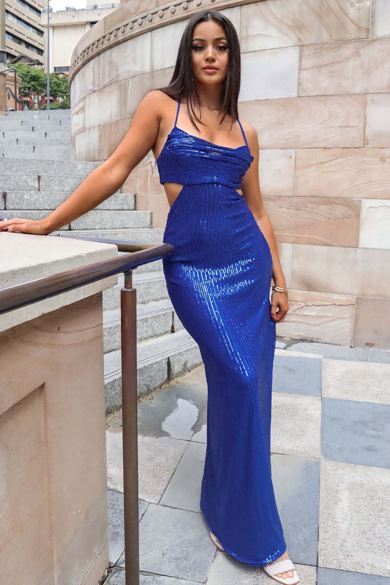 Tiana Sequin Gown - Sparkly Blue Waist Cutout Bodycon Formal Dress Runway Goddess Tiana Sequin Gown - Sparkly Blue Waist Cutout Bodycon Formal Dress Runway Goddess