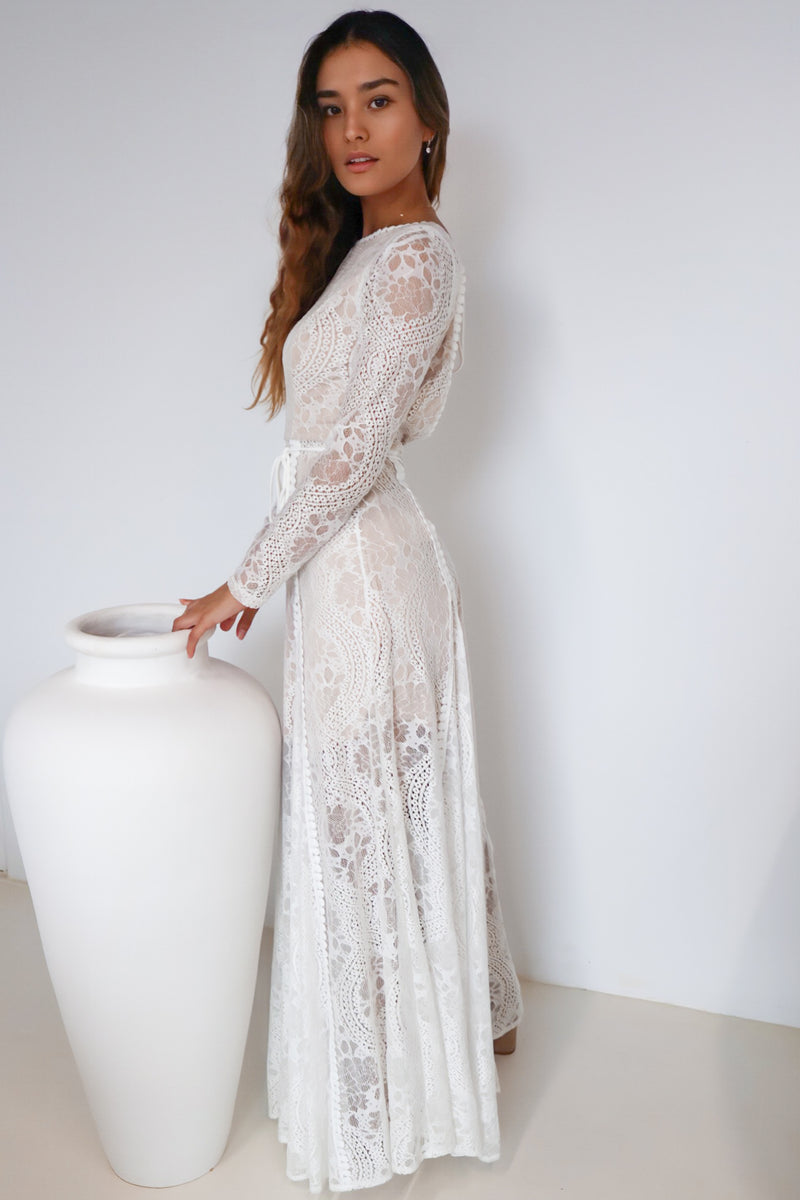 Stunning Formal Tilly Lace Maxi Dress White Long Sleeve – Runway Goddess